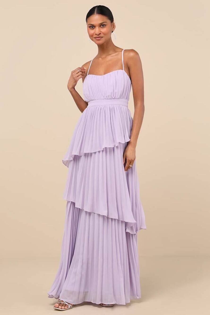 NWT Lulus Jehona Lavender Pleated Tiered Maxi Dress Bridesmaid Holiday Gala Sz S